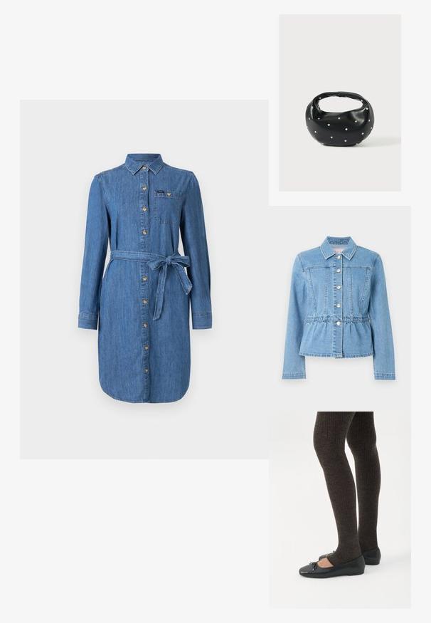 Lichtblauwe spijkerjasje met een getailleerde taille, lange mouwen, kraag en zeven zilveren knopen. Voorzien van naaddetails aan de voorkant en een geplooide taille.; Denim shirtjurk met lange mouwen, knopen aan de voorkant, borstzak en een strikceintuur in medium blauwe wassing.; Benen met donkere geribbelde leggings gecombineerd met zwarte ballerina's met kleine strikdetails op een witte achtergrond.; Zwarte leren handtas met een afgeronde vorm, versierd met zilveren studs, en een korte handgreep. Gladde textuur en ritsluiting.