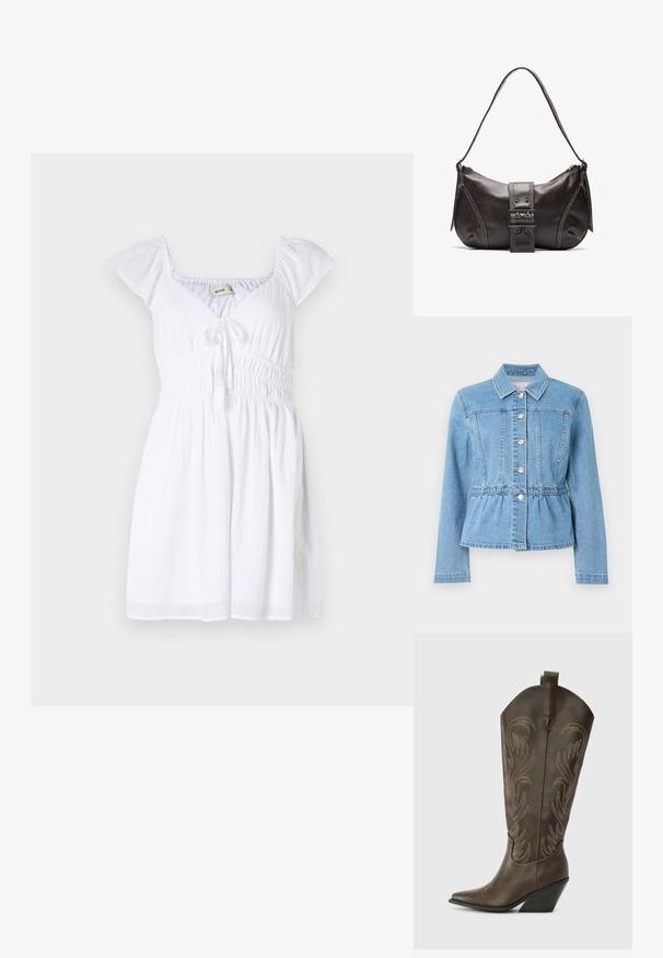 Hellblaue Jeansjacke mit tailliertem Schnitt, langen Ärmeln, Kragen und sieben silbernen Knöpfen. Verfügt über vordere Nahtdetails und eine geraffte Taille.; Weißes Kleid mit kurzen, puffierten Ärmeln, V-Ausschnitt und gesmoktem Bund, mit einer Bindegarnitur vorne und einem fließenden Rock.; Braune Leder-Cowboystiefel mit einer spitzen Zehe, Wedge-Absatz und dekorativer Stickerei. Besitzt einen hohen Schaft und eine Zuglasche.; Braune Lederumhängetasche mit gebogener Form, die mit einem auffälligen Schnallendetail, kontrastierenden Nähten und einem einzigen Schulterriemen ausgestattet ist.