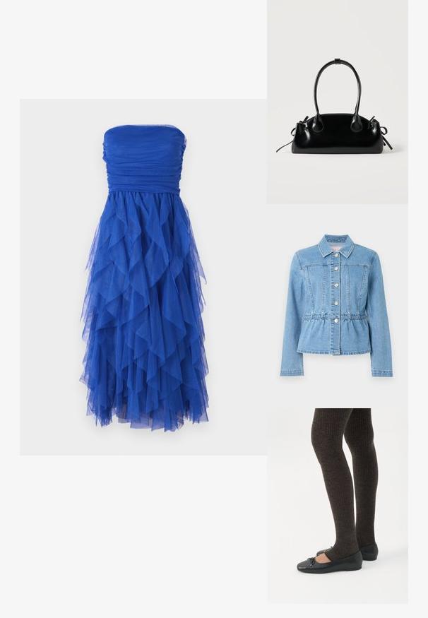 Veste en denim bleu clair avec une taille cintrée, des manches longues, un col et sept boutons argentés. Comprend des détails de couture à l'avant et une taille froncée.; Robe sans manches bleu avec un buste froncé et une jupe en tulle à couches qui cascade. Le matériau est léger et texturé, créant du volume.; Jambes portant des leggings côtelés foncés associés à des ballerines noires avec de petits détails en nœud sur fond blanc.; Petit sac à main noir brillant avec deux longues anses et des détails à cordon sur les côtés sur un fond clair uni.