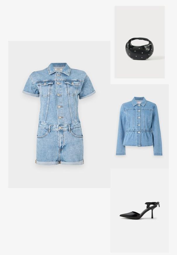 Lichtblauwe spijkerjasje met een getailleerde taille, lange mouwen, kraag en zeven zilveren knopen. Voorzien van naaddetails aan de voorkant en een geplooide taille.; Lichtblauwe denim jumpsuit met korte mouwen, knoopsluiting aan de voorkant, twee borstzakken en opgerolde zomen. Klassieke jeansstructuur.; Zwarte lakleren hoge hakken schoen met spits toelopende neus en enkelbandje achter gebonden in een knoop, afgebeeld op een effen witte achtergrond.; Zwarte leren handtas met een afgeronde vorm, versierd met zilveren studs, en een korte handgreep. Gladde textuur en ritsluiting.