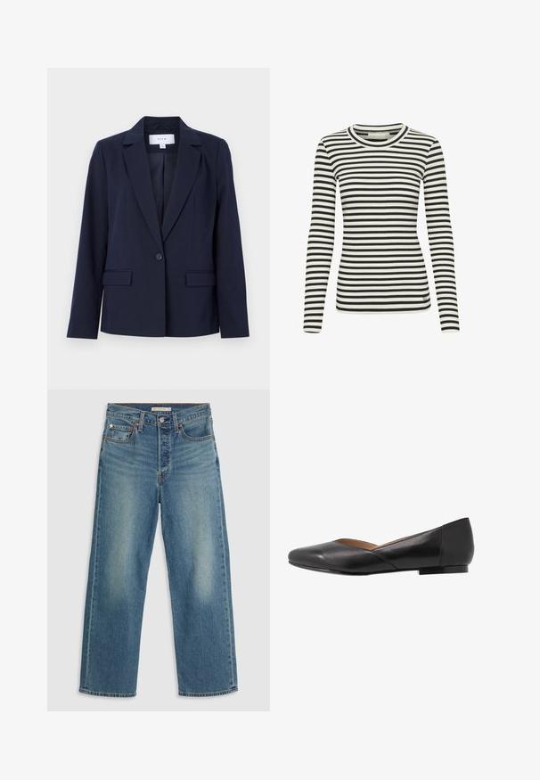 Blazer bleu marine avec un col cranté, fermeture à un bouton et deux poches avant, fabriqué à partir d'un tissu lisse. Coupe ajustée avec des manches longues.; Chemise à manches longues rayée noir et blanc avec une texture côtelée et un col rond. Présente un petit logo sur le bas à l'avant.; Jeans en denim bleu clair avec une coupe droite. Les caractéristiques incluent une taille cousue, cinq poches et un délavage visible.; Chaussure plate en cuir noir avec un bout pointu, un talon bas et un design supérieur légèrement ouvert. Texture lisse avec des détails de couture minimalistes.