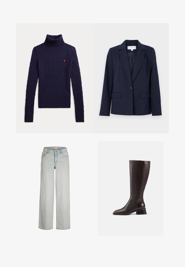 Navy blue blazer dengan revers terpotong, penutupan tombol tunggal, dan dua saku depan, terbuat dari kain halus. Fit terukur dengan lengan panjang.; Laivastonsininen palmikkoneulottu pooloneule pitkähihaisilla ja pienellä punaisella kirjotulla logolla vasemmassa rinnassa.; Vaaleansiniset korkeavyötäröiset leveälahkeiset farkut, joissa on etunapitus ja vetoketjusulku, vyölenkit ja viiden taskun malli.; Knee-high ruskeat nahkasaappaat, joissa on sileä pinta, pyöreä kärki ja pinoontuva musta korko. Yksinkertainen muotoilu, jossa on vain vähän metalliosia.