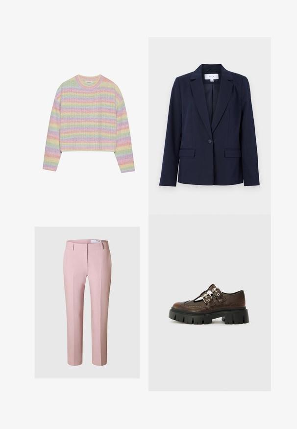 Blazer bleu marine avec un col cranté, fermeture à un bouton et deux poches avant, fabriqué à partir d'un tissu lisse. Coupe ajustée avec des manches longues.; Pull en tricot à rayures pastel avec un col rond, des manches longues et une taille courte. Le tissu présente une finition légèrement texturée.; Pantalon rose sur mesure avec une texture lisse, présentant un design classique, des plis à l'avant et une taille ajustée. Aucun accessoire visible ni motif.; Chaussures en cuir marron avec un design découpé, deux accents de boucles en argent, semelle épaisse noire et détails de brogue le long des bords.