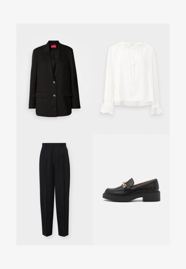 Schwarzer Blazer mit klassischem Design, zwei Vordertaschen und glänzenden silbernen Knöpfen; verfügt über eine subtile gesprenkelte Textur und scharfe Revers.; Weiße Bluse mit langen Ärmeln aus glattem Stoff, versehen mit einem runden Halsausschnitt, Knopfverschluss und Spitzenbesatz an den Säumen. Mit einer Krawatte am Hals verstellbar.; Schwarze, hoch taillierte, maßgeschneiderte Hose mit Gürtelschlaufen, vorderen Falten und geraden Beinen, präsentiert vor einem schlichten weißen Hintergrund.; Schwarzer Leder-Slipper mit einer klobigen Plateausohle, verziert mit einer goldfarbenen Kettenakzent und sichtbaren Nahtdetails. Glatte Textur und elegantes Design.