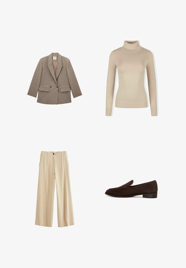 Taupe dobbeltradet blazer med brede revers, to forlommer med klap og knapdetaljer, vist på hvid baggrund.; Beige turtle neck sweater lavet af ribstrikket stof. Tætsiddende design med lange ærmer og ribbet kant. Glat tekstur, ingen mønstre.; Next PINSTRIPE WIDE PETITE - Bukser - neutral; Herres mørkebrune ruskind slip-on loafer med lav hæl og afrundet firkantet tå, vist i sideprofil på hvid baggrund.
