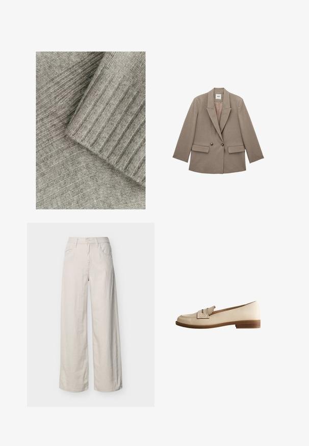 Blazer cruzado de doble botonadura en color topo, con solapas anchas, dos bolsillos frontales con solapa y detalles de botones, mostrado sobre un fondo blanco.; Tejido de punto gris suave con textura acanalada, que presenta secciones superpuestas, una lisa y otra con un patrón diagonal.; Pantalones de pierna ancha y cintura alta en color blanco roto, con bolsillos delanteros, trabillas para cinturón, cierre de botón y cremallera.; Mocasín de cuero beige con detalle de correa con bordes ondulados y tacón bajo de madera apilada, vista lateral sobre fondo blanco.