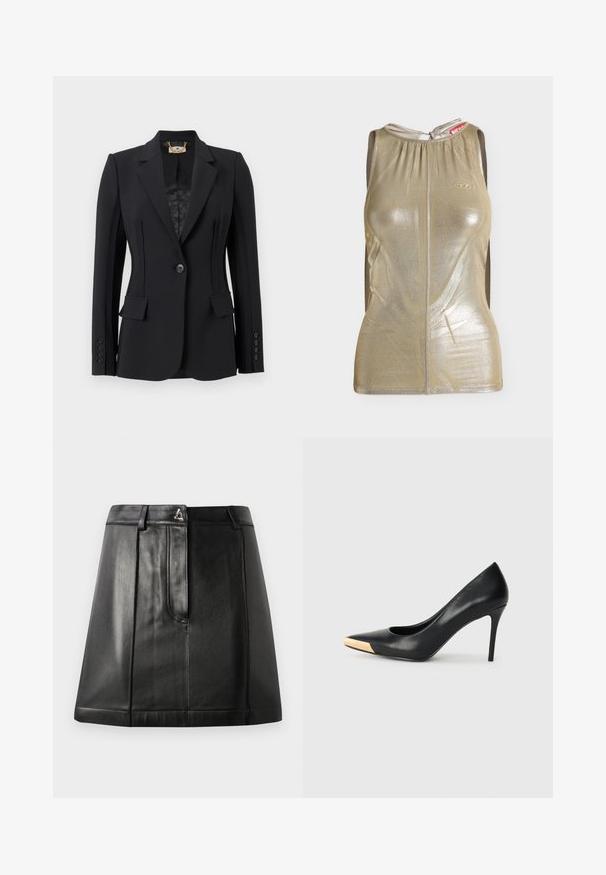 Veste noire cintrée avec revers en encoche, fermeture par un seul bouton, poches à rabat, quatre boutons aux poignets et doublure intérieure à motif avec détail chaîne dorée.; Haut ajusté sans manches en or métallisé avec encolure ronde et fermeture à nouer en forme de trou à l'arrière, affichant une texture subtile et un logo sur la poitrine.; Jupe en cuir noir avec une forme structurée, dotée d'une poche avant et d'un accent métallique à la taille. Texture lisse et détails de couture.; Pompe à talon haut en cuir noir avec bout pointu ; présente une accentuation métallique dorée sur le capuchon. Surface lisse avec un design épuré.