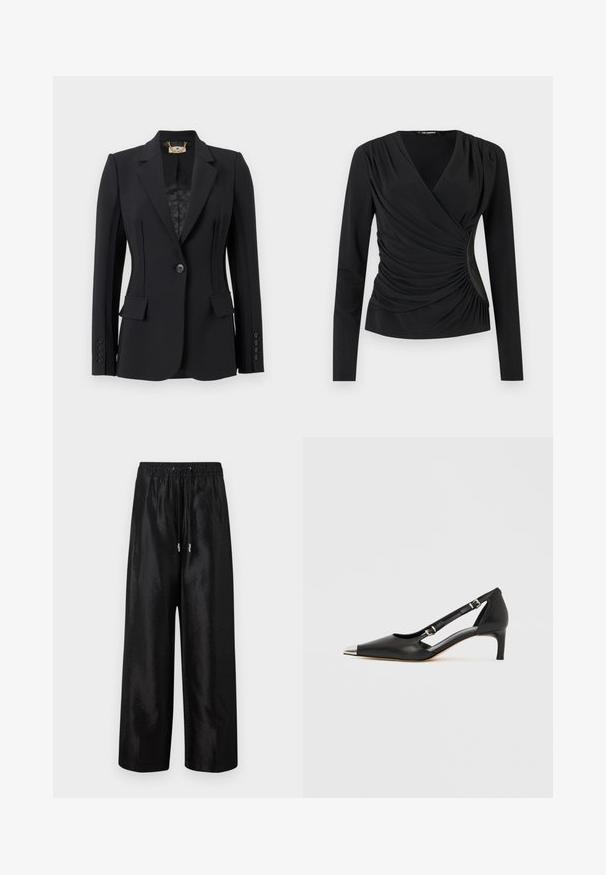 Zwarte op maat gemaakte blazer met nokkelschouders, enkele knoopsluiting, klepzakken, vier knopen op de manchetten en een patroon voering met gouden kettinkdetail.; Zwart lang langmouwtop met een wikkeldesign, voorzien van gedrapeerde stof en geplooide details aan de zijkanten. Soepele textuur, eenvoudige halslijn.; Zwarte wijde broek van glanzende stof met een elastische tailleband en trekkoord, voorzien van accenten van zilverkleurig hardware.; Zwart leren kittenhak met puntige zilveren neus en dubbele gespsluitingen op een witte achtergrond.