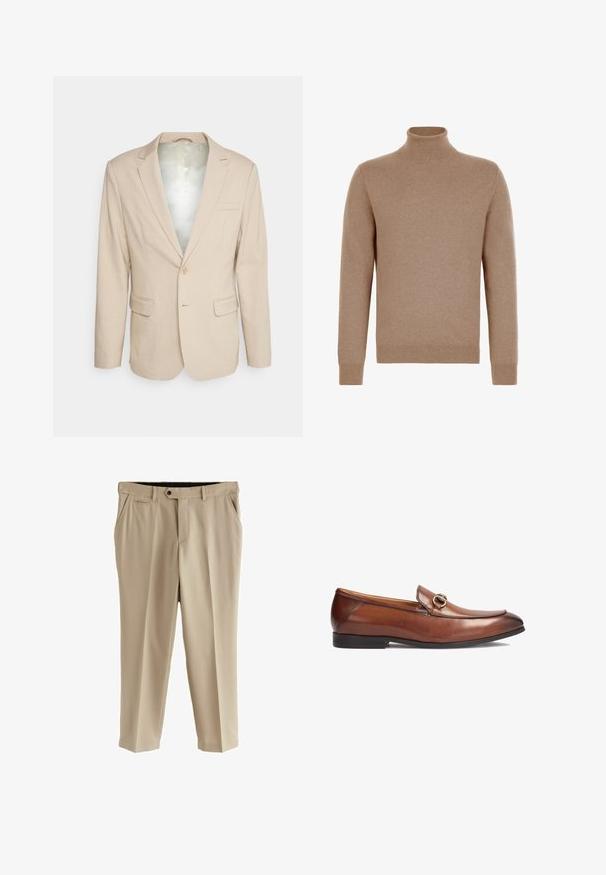 Bruuns Bazaar STATICEBBCARL BLAZER - Blazer - sand pinstripe; Pull à col roulé marron uni à manches longues avec poignets et ourlet côtelés, présenté sur fond blanc.; Pantalons beiges en tissu lisse, avec une taille plate, des poches latérales et une seule poche arrière. Taille standard avec fermeture à bouton.; Mocassins en cuir marron avec un bout arrondi, des coutures apparentes et un accent décoratif en métal sur le devant. Semelle en caoutchouc.