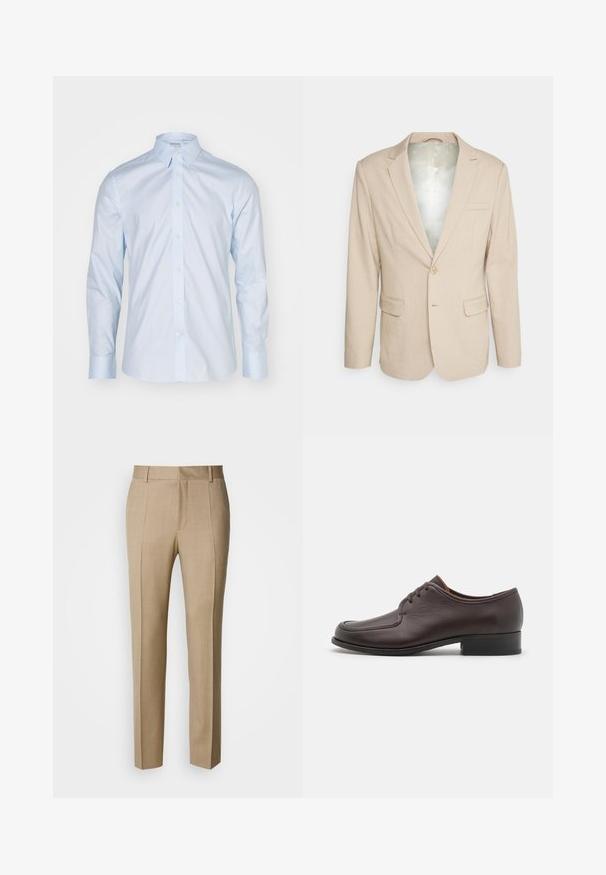 Bruuns Bazaar STATICEBBCARL BLAZER - Blejzer - sand pinstripe; Svetlomodrá košeľa s dlhým rukávom, ktorá má klasický golier, zapínanie na gombíky a kontrastné gombíky; vyrobená z hladkej látky s čistým povrchom.; Béžové nohavice na mieru z textúrovaného materiálu, s hladkým predným dielom a rovnými nohavicami. Majú bočné vrecká a pútka na opasok, čo poskytuje upravený vzhľad.; Hnedé kožené spoločenské topánky s hladkým povrchom, okrúhlou špičkou a uzavretým šnurovaním. Majú nízky stohovaný podpätok a jemný detail prešívania.