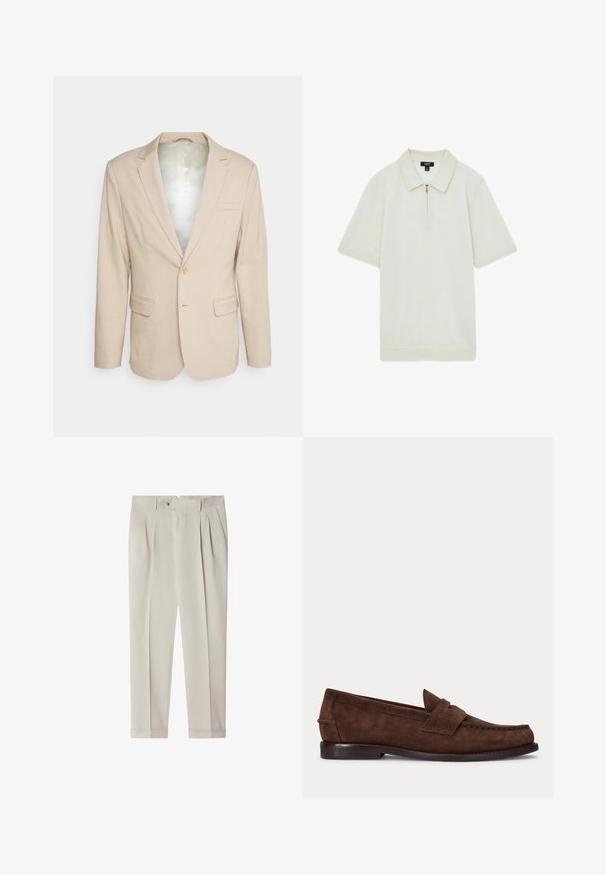 Bruuns Bazaar STATICEBBCARL BLAZER - Blejzer - sand pinstripe; Krémové polokošele s rozopínacím golierom, vyrobené z mäkkej tkaniny, s bodkovaným golierom, krátkymi rukávmi a priamym lemom.; Svetlobéžové pochopene nohavice so záložkami, pútkami na opasok, bočnými vreckami, zapínaním na gombíky a manžetovými lemami.; Hnedý semišový penny loafer s nízkym opätkom a viditeľným prešitím pozdĺž špičky, bokov a zadnej časti, zobrazený na jednolivom svetlom pozadí.