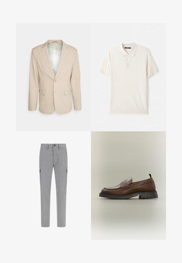 Bruuns Bazaar STATICEBBCARL BLAZER - Blazer - sand pinstripe; Polo shirt beige clair avec un col classique, une patte de boutonnage à trois boutons et des manches courtes. Fabriqué à partir d'un tissu doux et lisse. Design simple sans motifs.; Pantalons cargo gris en tissu texturé, dotés de poches latérales, d'une fermeture à bouton et d'une coupe fuselée.; Mocassin en cuir marron avec bride texturée, semelle noire épaisse et petite languette en tissu au talon sur un fond neutre.