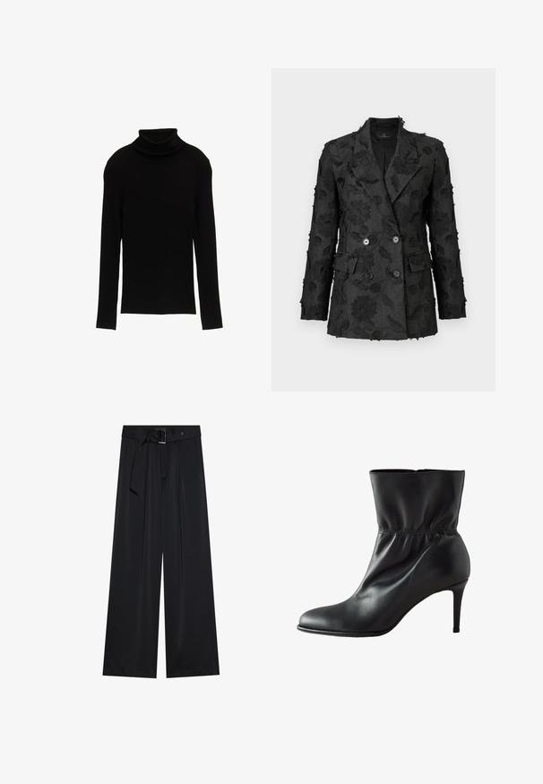 Blazer negro bordado con patrones florales, diseño de doble botonadura, tejido texturizado y cuatro botones negros en el frente.; Suéter negro de cuello alto con mangas largas y un diseño ajustado. La tela parece suave con una textura blanda y una silueta simple.; Pantalones de pierna ancha negros, confeccionados en una tela suave, que presentan una cintura alta con un cinturón y detalles de lazo, y pliegues frontales prominentes.; Bota negra de cuero hasta la mitad de la pantorrilla con caña fruncida y puntera puntiaguda, con un talón alto y delgado.