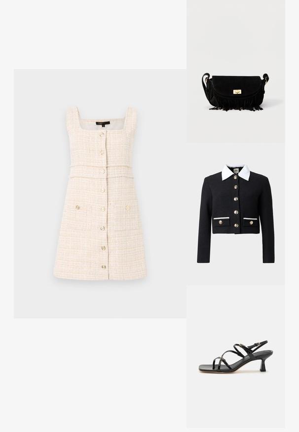 Veste noire courte avec col blanc pointu, boutons dorés sur le devant et sur deux poches avant avec bord blanc.; Robe couleur crème en tissu texturé. Présente un décolleté carré, une fermeture à boutons à l'avant et deux poches avant avec des boutons décoratifs.; Sandales à strapes en cuir verni noir avec un bout carré et un petit talon carré. Présente des accessoires en métal doré et des brides de cheville réglables.; Sac bandoulière en daim noir avec fermoir doré, sangle réglable et détail à franges le long du bord inférieur sur un fond uni.
