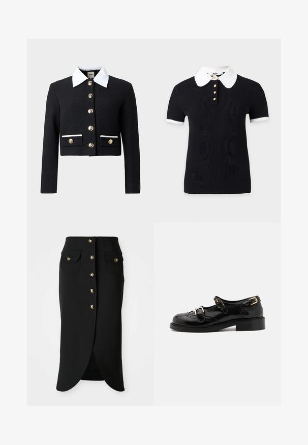 Veste noire courte avec col blanc pointu, boutons dorés sur le devant et sur deux poches avant avec bord blanc.; Haut noir côtelé à manches courtes avec col et poignets festonnés blancs, orné de quatre boutons dorés sur le devant de l'encolure.; Jupe noire longueur genou en tissu lisse, dotée d'une fermeture à boutons sur le devant, de deux poches sur les côtés et d'une fente haute à l'arrière. Accents de boutons dorés.; Chaussures en cuir noir avec détails de brogue, dotées de deux sangles à boucle, d'un bout arrondi et d'un talon bas. Texture lisse avec finition brillante.