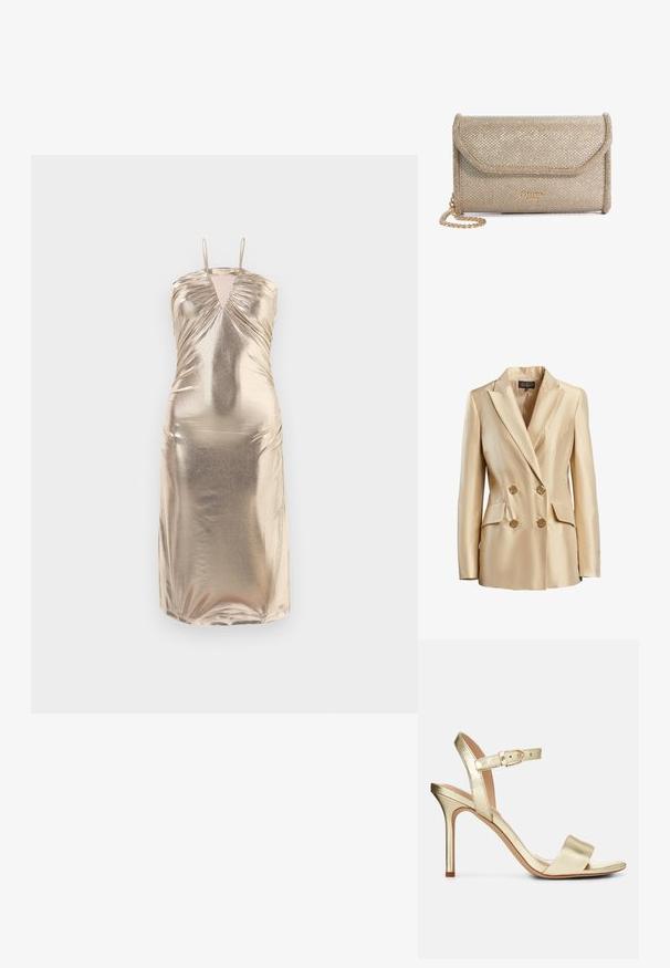 Beige doppelt geknöpften Blazer aus Satin mit Reverskragen, zwei Fronttaschen und goldfarbenen Knöpfen zum Schließen.; Metallisch goldfarbenes ärmelloses Kleid mit V-Ausschnitt, Raffung an der Brust und am Körper sowie einer figurbetonten Silhouette, die bis zur Mitte der Waden reicht.; Goldfarbene, metallische, geschnürte High-Heel-Sandale mit einer Schnallenverschluss, offenem Zehenbereich und glatter Textur. Verfügt über einen schmalen, spitzen Absatz.; Goldfarbener Clutch mit strukturiertem Oberflächen, ausgestattet mit einer Klappenöffnung, einer Kettenriemen und einem auf die Vorderseite geprägten Logo.