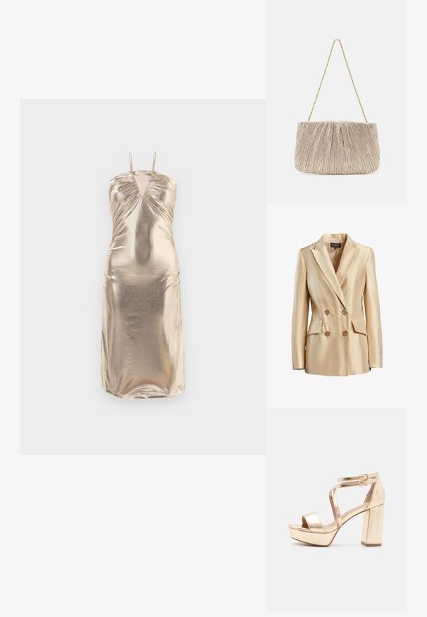Beige dobbeltbrystet blazer lavet af satin, med en spidse krave, to frontlommer og guldtonede knapper til lukning.; Metallic guldfarvet udenærmet kjole med V-hals, rynkede detaljer ved barmen og kroppen samt en tætsiddende silhuet, der når til midten af læggen.; Guld metalisk platform sandaler med en chunky blokhælk, åben tå og krydsede ankelstropper med spænde detaljer. Glat tekstur.; Plisseret metallic stof håndtaske med en gylden kædestrop, blød rektangulær form, lys beige farve, tekstureret overflade og samlede detaljer.