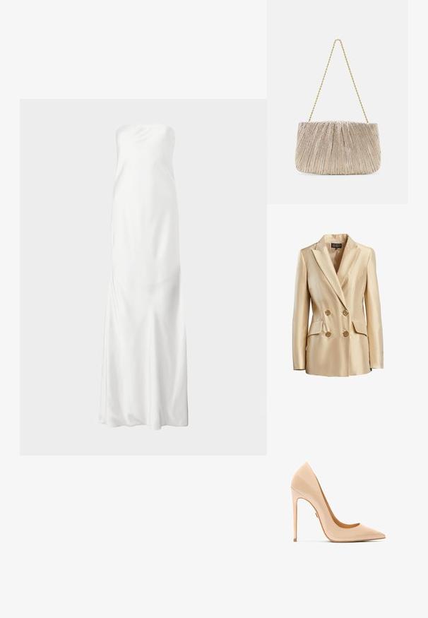 Beige doppelt geknöpften Blazer aus Satin mit Reverskragen, zwei Fronttaschen und goldfarbenen Knöpfen zum Schließen.; Trägerloses, bodenlanges weißes Satinkleid mit geradem Ausschnitt und glattem, fließendem Stoff.; Nackter Pumps aus Lackleder mit spitzer Zehenpartie, schlanker Silhouette und Stöckelabsatz, ausgestattet mit einer glatten, glänzenden Oberfläche.; Faltbare metallische Stoffhandtasche mit einem goldenem Kettenriemen, weicher rechteckiger Form, hellbeige Farbe, strukturiertem Oberflächenmaterial und gerafften Details.