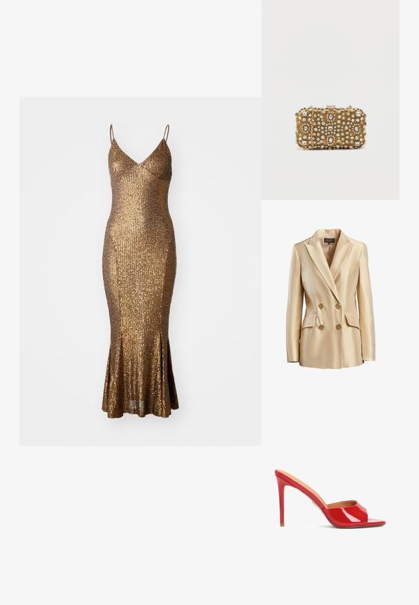 Blazer beige de doble botonadura hecho de satén, con cuello de muesca, dos bolsillos frontales y botones dorados para el cierre.; Vestido dorado de lentejuelas con silueta ajustada, tirantes spaguetti y dobladillo acampanado. Superficie texturizada que refleja la luz, realzando el brillo.; Mule abierto de charol rojo con un diseño elegante, tacón de aguja alto y un sutil detalle de corte en el empeine.; Clutch dorado con intrincados adornos de cuentas y strass. Forma rectangular, cierre de broche y asa de cadena desmontable.