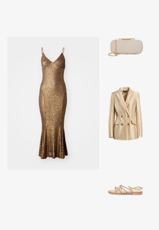 Blazer beige à double boutonnage en satin, avec un col cranté, deux poches avant et des boutons dorés pour la fermeture.; Robe en sequins dorés avec une silhouette ajustée, des bretelles spaghetti et un ourlet évasé. La surface texturée réfléchit la lumière, accentuant le scintillement.; Sandale plate dorée avec de multiples sangles croisées ornées de petits strass transparents. Dotée d'une semelle plate et d'un design à talon ouvert.; Pochette rectangulaire beige texturée avec bandoulière chaîne dorée et fermoir doré orné de strass sur fond blanc.