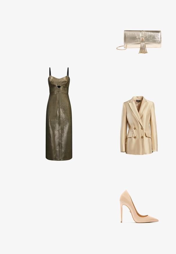Beige doppelt geknöpften Blazer aus Satin mit Reverskragen, zwei Fronttaschen und goldfarbenen Knöpfen zum Schließen.; Metallic bronze Midi-Kleid mit dünnen schwarzen Trägern und kleinem Ausschnitt vorne unter der Brust aus strukturiertem Stoff.; Nackter Pumps aus Lackleder mit spitzer Zehenpartie, schlanker Silhouette und Stöckelabsatz, ausgestattet mit einer glatten, glänzenden Oberfläche.; Glänzende metallische goldene Clutch mit Klappenverschluss, dekorativer Quaste und goldenem Kettenriemen vor weißem Hintergrund.