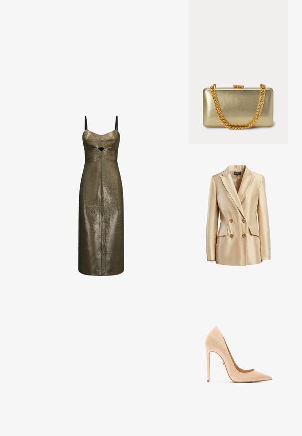 Beige dubbelzijdige blazer van satijn, met een gesneden kraag, twee voorzakken en goudkleurige knopen voor sluiting.; Metallic bronzen midi-jurk met dunne zwarte bandjes en een kleine frontale uitsnede onder de buste in een gestructureerde stof.; Naaktkleurige pumps van lakleer met hoge hak, puntige neus, slank silhouet en een stilettohak, met een gladde, glanzende textuur.; Rechthoekige glanzende gouden clutch met een gouden kettingriem en een klein sluitinkje bovenop tegen een lichte achtergrond.