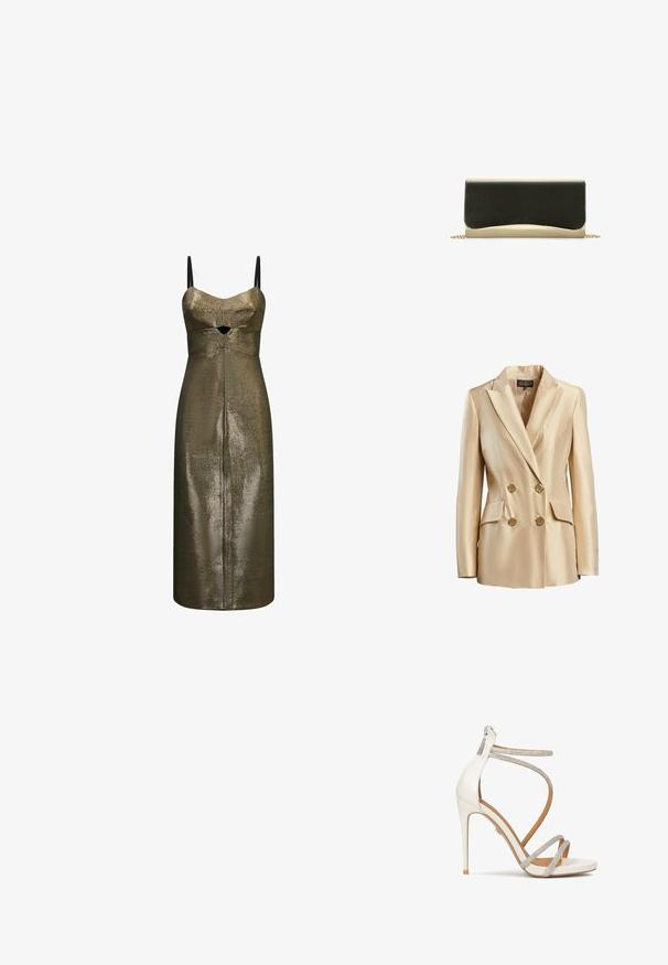 Blazer beige de doble botonadura hecho de satén, con cuello de muesca, dos bolsillos frontales y botones dorados para el cierre.; Vestido midi de bronce metálico con tirantes negros finos y un pequeño corte frontal debajo del busto en una tela texturizada.; Sandalia de tacón alto blanca con brillantes tiras plateadas, punta abierta y cierre de cremallera en la parte trasera. Textura suave, diseño elegante y tacón puntiagudo.; Bolso de mano con una parte superior negra suave y un fondo metálico dorado, que presenta un diseño de borde redondeado y una correa de cadena dorada.