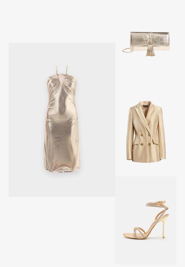 Beige dobbeltbrystet blazer lavet af satin, med en spidse krave, to frontlommer og guldtonede knapper til lukning.; Metallic guldfarvet udenærmet kjole med V-hals, rynkede detaljer ved barmen og kroppen samt en tætsiddende silhuet, der når til midten af læggen.; ALDO MANAELDEN PILLOW WALK - Højhælede sandaletter / Højhælede sandaler - gold-coloured; Skinnende metalklutch i guld med flaplukning, dekorativ kvast og guld kæderem på hvid baggrund.
