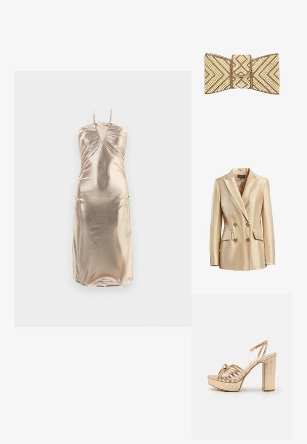 Beige dobbeltbrystet blazer lavet af satin, med en spidse krave, to frontlommer og guldtonede knapper til lukning.; Metallic guldfarvet udenærmet kjole med V-hals, rynkede detaljer ved barmen og kroppen samt en tætsiddende silhuet, der når til midten af læggen.; Guld strappy højhælede sandaler med et knyttet frontdesign, chunky platform og ankelrem, der har en metallisk glans og glat tekstur.; Clutch taske formet som en sløjfe, dekoreret med guldkugler og cremefarvede perler i geometriske mønstre på en hvid baggrund.