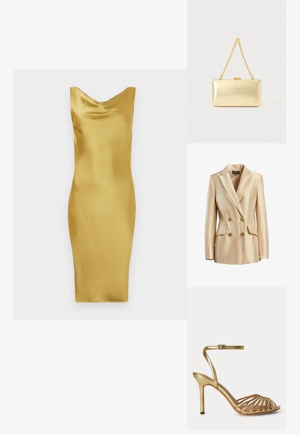 Beige doppelt geknöpften Blazer aus Satin mit Reverskragen, zwei Fronttaschen und goldfarbenen Knöpfen zum Schließen.; Gelbes Satin-Kleid mit Cowl-Ausschnitt, taillierter Form, knielanger Saum und glatter Textur. Keine sichtbaren Muster oder Akzente.; Goldene High-Heel-Sandale mit dünnen Riemen, offenem Zehenbereich und verstellbarem Knöchelriemen mit kleiner Schließe.; Rechteckige goldene Clutch mit glänzender Oberfläche, Metallverschluss und kurzem goldenen Kettenhenkel vor hellem, einfarbigem Hintergrund.