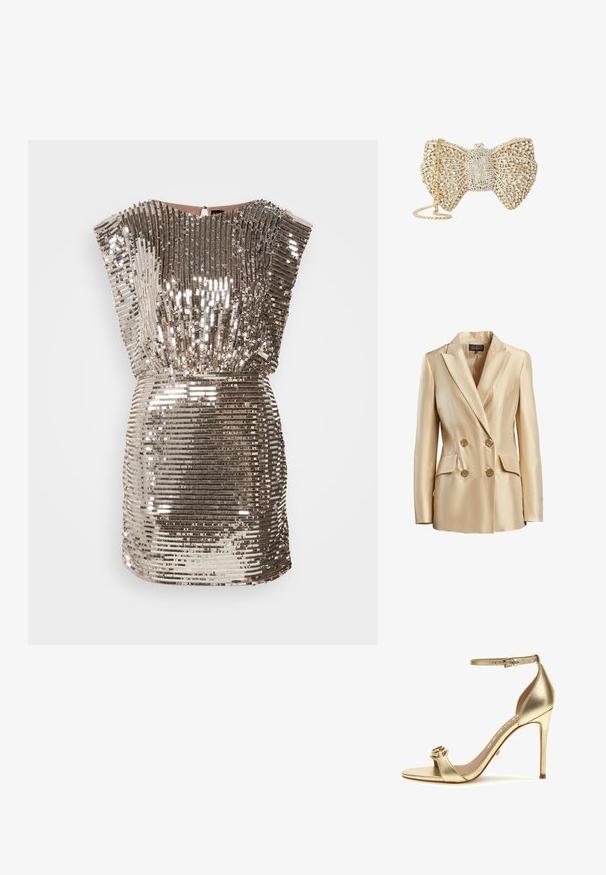 Blazer beige de doble botonadura hecho de satén, con cuello de muesca, dos bolsillos frontales y botones dorados para el cierre.; Vestido de lentejuelas plateadas brillantes con un escote estructurado, mangas cortas y una cintura ajustada. La textura es suave con patrones reflectantes.; Sandal de tacón alto metálico dorado con correa en el tobillo, punta abierta, tirante ancho con acento circular y tacón de aguja. Textura suave.; Clutch en forma de lazo en tono dorado cubierta de cristales transparentes, con un diseño de celosía intrincado y correa de cadena dorada.