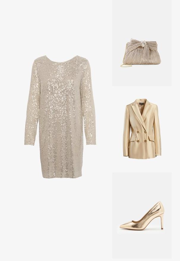 Blazer beige à double boutonnage en satin, avec un col cranté, deux poches avant et des boutons dorés pour la fermeture.; Robe pailletée en beige clair avec des manches longues et un col rond, présentant un motif texturé de paillettes brillantes et réfléchissantes sur l'ensemble.; Escarpin doré métallisé à talon haut avec un bout pointu et une texture lisse. Présente un talon fermé et un design stiletto fin et élégant.; Pochette en or métallisé avec tissu plissé, dotée d'un nœud en haut et d'une bandoulière en chaîne dorée pour une polyvalence et une facilité de transport.