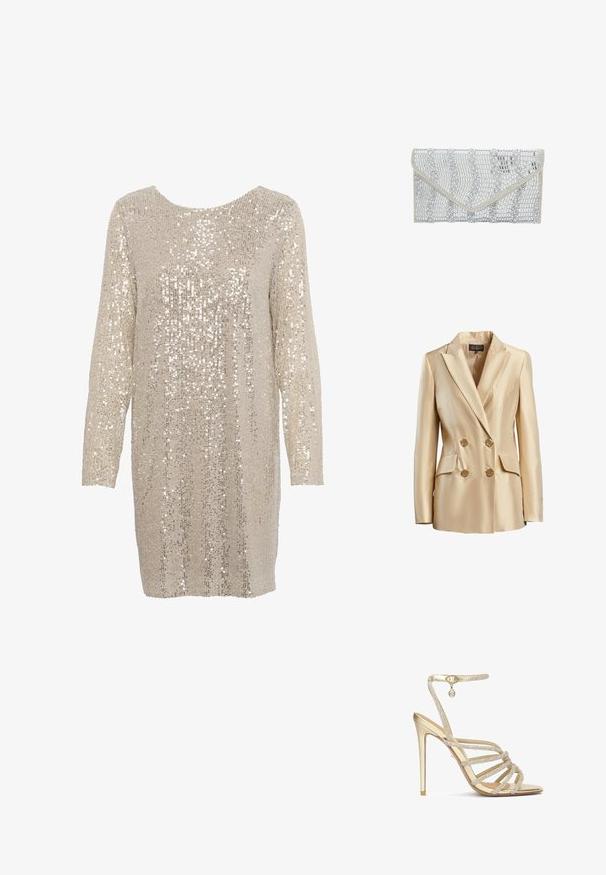 Beige dubbelzijdige blazer van satijn, met een gesneden kraag, twee voorzakken en goudkleurige knopen voor sluiting.; Glinsterende jurk in lichtbeige met lange mouwen en een ronde halslijn, met een textuurpatroon van glanzende, reflecterende pailletten overal.; Gouden hoge hakken sandalen met meerdere kralen-omzoomde banden en een enkelbandje, met een gladde metallic afwerking en een puntige neus.; faina Clutch - silver coloured