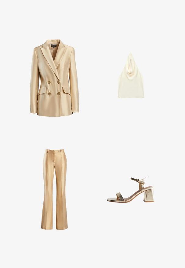 Beige dubbelzijdige blazer van satijn, met een gesneden kraag, twee voorzakken en goudkleurige knopen voor sluiting.; Crèmekleurige satijnen haltertop met een gedrapeerde halslijn en mouwloos ontwerp.; Beige satijnen flared broek met een gladde textuur, voorzien van een rits aan de voorkant en een enkele knoopsluiting. Twee zijzakken en plooidetails.; Gouden metalen sandaal met hak, voorzien van een brede blokhak, open teen en een dunne enkelband die met een kleine gesp is vastgemaakt. Veerkrachtige, glanzende textuur.