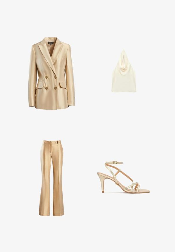 Beige dobbeltbrystet blazer lavet af satin, med en spidse krave, to frontlommer og guldtonede knapper til lukning.; Satin top i cremefarve med draperet udskæring og ærmeløs design.; Beige satin flared bukser med en glat tekstur, der har en lynlås foran og en enkelt knaplukning. To sidelommer og pyntesøm.; Guldfarvet sandal med høje hæle og smalle stropper omkring anklen med spænde, åben tå og en tilspidset mellemhøj hæl på hvid baggrund.