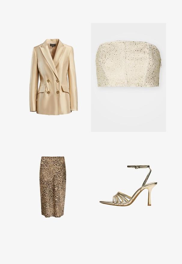 Beige dobbeltbrystet blazer lavet af satin, med en spidse krave, to frontlommer og guldtonede knapper til lukning.; Patrizia Pepe CAMICIA - Top - ivory/shiny gold; Perry-print pencilskørt i tan og sort, med et glat stof, mid-længde snit og en tætsiddende talje. Ingen synlige lukninger.; Guldfarvet højhælet sandal med remme, ankelspænde, åben tå og slank stiletthæl på hvid baggrund.