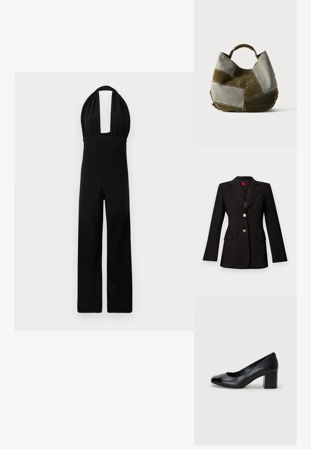 Must kohandatud jakk notš-lapiga, kahe kuldse nupu ja klapiga taskutega, esitatud lihtsa helehalli tausta peal.; Mustor halterjumpsuit, mille sügava dekoltee, kogutud kehaosa ja laia jala disainiga. Kanga tekstuur on sile ja värv ühtlane.; Musthave mustaline mustat kummikud läikiva musta varba ja paksu kontsaga. Sile tekstuur ja ümar disain väikese avaga ees.; Hobo-kott patchwork-disainiga oliivi- ja helehallis seemisnahas, kaunistatud ümmarguste metallkruvidega ja lühikese ülemise käepidemega.