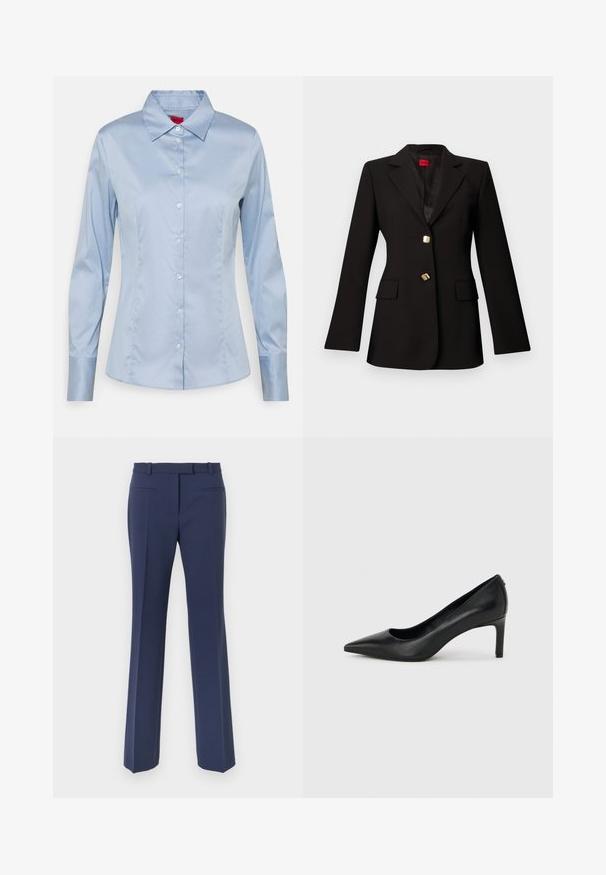 Zwarte op maat gemaakte blazer met inkepingrevers, twee gouden knopen en klepzakken, afgebeeld op een effen lichtgrijze achtergrond.; Lichtblauw button-up shirt van gladde stof, met een klassieke kraag, lange mouwen en een rechte pasvorm met subtiele stikseldetails.; Marineblauwe broek met een rechte pijp, voorzien van een gladde textuur, riemlussen en twee voorzakken.; Zwarte leren pumps met een spits toelopende neus en een slanke, middelhoog hak, afgebeeld tegen een effen lichtgrijze achtergrond.