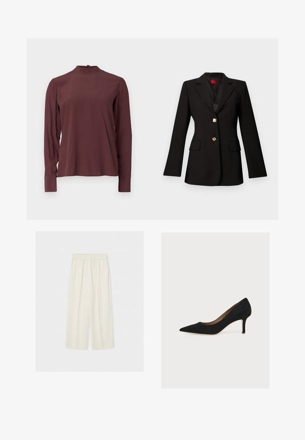 Blazer noir sur mesure avec revers en encoche, deux boutons dorés et poches à rabat, présenté sur un fond gris clair uni.; Blouse bordeaux à manches longues avec un col montant, un léger éclat et une fermeture à boutons dans le dos. Tissu lisse et manches ajustées.; Pantalon ample taille haute de couleur crème avec une ceinture élastique, présenté à plat sur un fond clair.; Escarpin en daim noir à bout pointu, talon aiguille de hauteur moyenne et semelle intérieure beige sur fond clair.