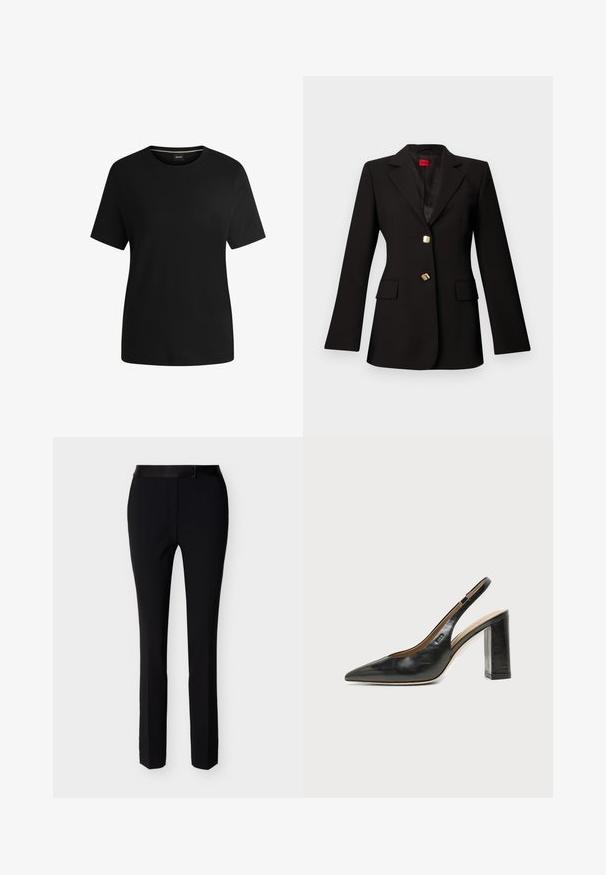Blazer negro entallado con solapas con muesca, dos botones dorados y bolsillos con solapa, mostrado sobre un fondo liso gris claro.; Camiseta negra de manga corta hecha de suave algodón, con cuello redondo y una textura lisa. Diseño simple sin patrones ni acentos.; Pantalones formales ajustados de color negro con cremallera frontal y pretina, diseñados para un look entallado y elegante.; Zapato slingback de piel negra con puntera puntiaguda, tacón alto y ancho, y forro interior beige sobre un fondo claro y liso.