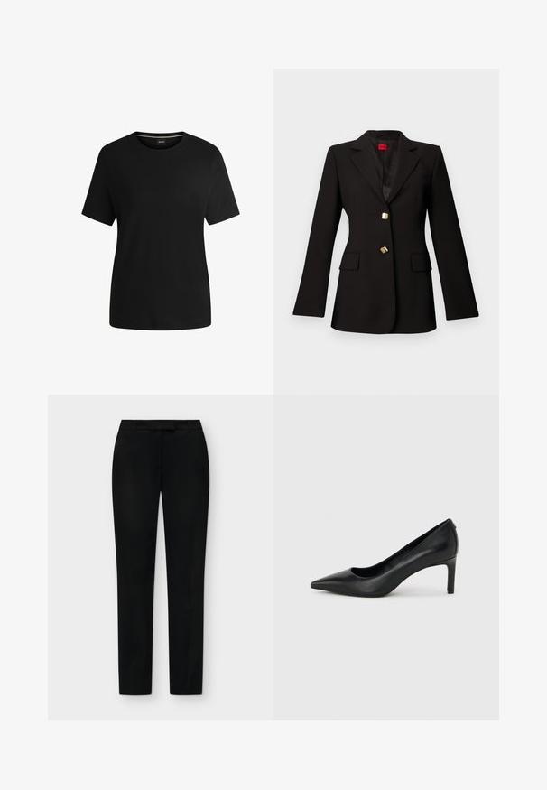 Schwarzer, maßgeschneiderter Blazer mit notched Revers, zwei goldenen Knöpfen und Pattentaschen, auf einem einfarbigen hellgrauen Hintergrund dargestellt.; Schwarzes kurzärmliges T-Shirt aus weichem Baumwollstoff mit Rundhalsausschnitt und glatter Textur. Einfaches Design ohne Muster oder Akzente.; Schwarze Slim-Fit formelle Hose mit Vorderentaschen und Gürtelschlaufen, flach auf einem hellgrauen Hintergrund liegend dargestellt.; Schwarzer, spitz zulaufender High-Heel-Pumps aus Leder mit einem schlanken, mittelhohen Absatz auf einem schlichten hellgrauen Hintergrund.
