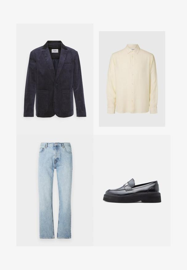 WAX LONDON FINTRY - Sako - navy; Krémová košeľa s dlhým rukávom, golierom, siedmimi gombíkmi vpredu a viditeľnou značkovou etiketou vo vnútri goliera.; Svetlomodré rovné džínsy vyrobené z denimu, s klasickým dizajnom piatich vreciek a gombíkovým zapínaním v páse.; Čierna lakovaná kožená mokasína s okrúhlou špičkou, dekoračnou prackou a hrubou čiernou platformovou podrážkou, s hladkým a lesklým povrchom.