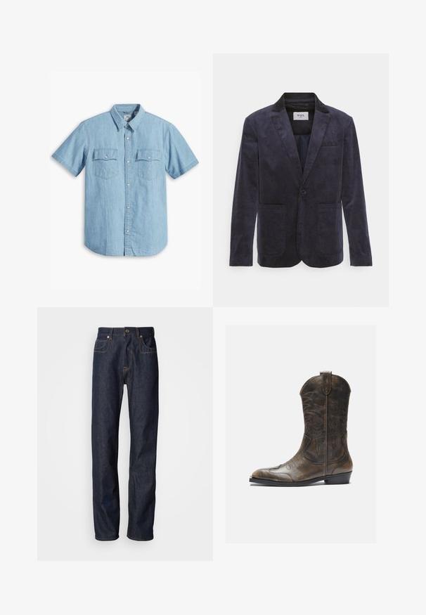 WAX LONDON FINTRY - Jakkesæt blazere - navy; Lyseblå kortærmet skjorte med knaplukning lavet af denim, med to brystlommer med lodret syning og en klassisk krave.; Mørkeblå denimjeans med lige pasform, udstyret med kobberbroderi, femlommesdesign og klassisk lynlås og knaplukning.; Brune læder cowboystøvle med en høj skaft, spids tå, intrikate syning mønstre og en lille hæl. Struktureret finish hele vejen igennem.