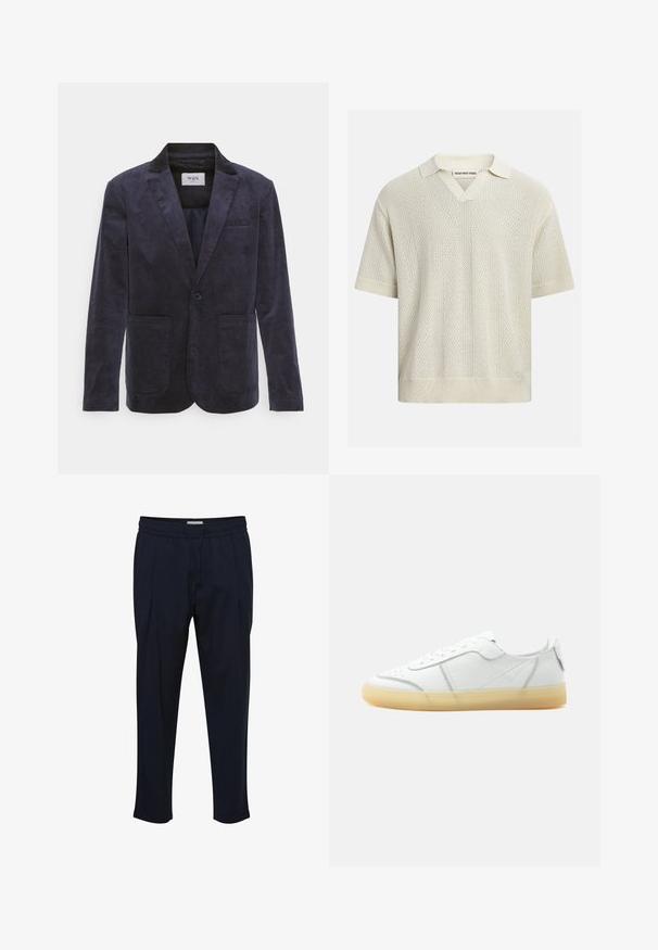 WAX LONDON FINTRY - Σακάκι κοστουμιού - navy; Κρεμ κοντομάνικη πλεκτή μπλούζα πόλο με V-λαιμόκοψη, ριπ γιακά, μανσέτες και τελείωμα, με κάθετες υφασμάτινες ρίγες. Κανένα εμφανές άτομο.; Ναυτικό μπλε tailored παντελόνι με ζώνη ρύθμισης, πτυχώσεις μπροστά και σφηνοειδή άκρα. Κατασκευασμένο από ένα απαλό, ελαφρύ ύφασμα.; Λευκό δερμάτινο sneaker χαμηλού ύψους με μπεζ διαφανές πέλμα, κορδόνια μπροστά και ελάχιστες ραφές, εμφανιζόμενο από το πλάι σε απλό φόντο.