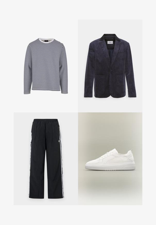WAX LONDON FINTRY - Sako - navy; Dlhý rukáv košeľa s námornícky modrými a bielymi horizontálnymi pruhmi, okrúhlym výstrihom, bavlnený materiál a voľný strih.; Čierne široké nohavice s bielymi pruhmi na bokoch, elastickým pásom, prednými záhybmi a logom Adidas na pravej stehne.; Biele nízke tenisky so šnurovaním vpredu, textúrovanými bočnými panelmi a hrubou podrážkou na neutrálnom pozadí.