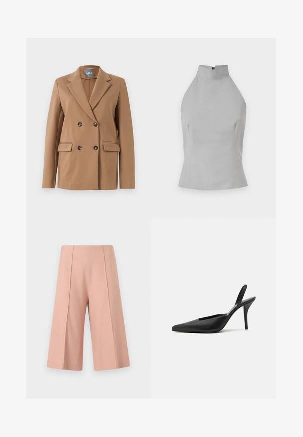 Dobbeltbrystet brun blazer i et glat stof, med notched klapper, to forlommer og runde knapper med et subtilt design.; Grå halterneck top med høj halsudskæring, skræddersyet pasform, glat tekstur og sømdetaljer på siderne. Ingen synlige lukninger.; AERON PEN - Shorts - mottled pink; Sorte slingback høje sko med spidse tæer, glat lædermateriale og et elegant, minimalistisk design. Høj stiletto hæl.