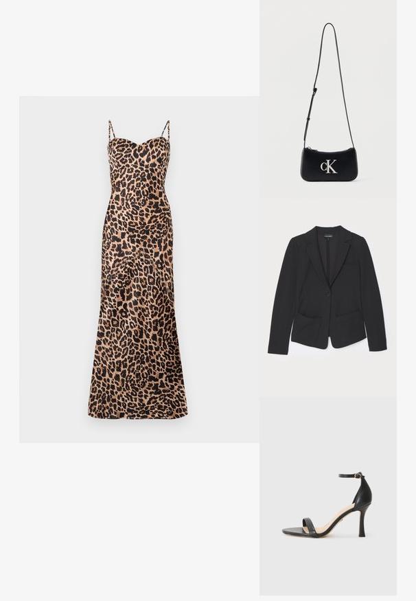 Zwarte blazer van textuurstof, met een enkele knoopsluiting, reverskraag en twee voorzakken.; Maxi-jurk met luipaardprint, dunne verstelbare bandjes, een sweetheart-halslijn en een gladde, satijnachtige textuur.; Zwarte leren hoge hak sandaal met dunne enkelband, open teen en een elegante, gebogen hak. Geverfde zool en minimalistisch ontwerp.; Zwarte rechthoekige schoudertas met verstelbare riem en zilveren "cK"-logo aan de voorkant, voorzien van een ritssluiting aan de bovenkant.