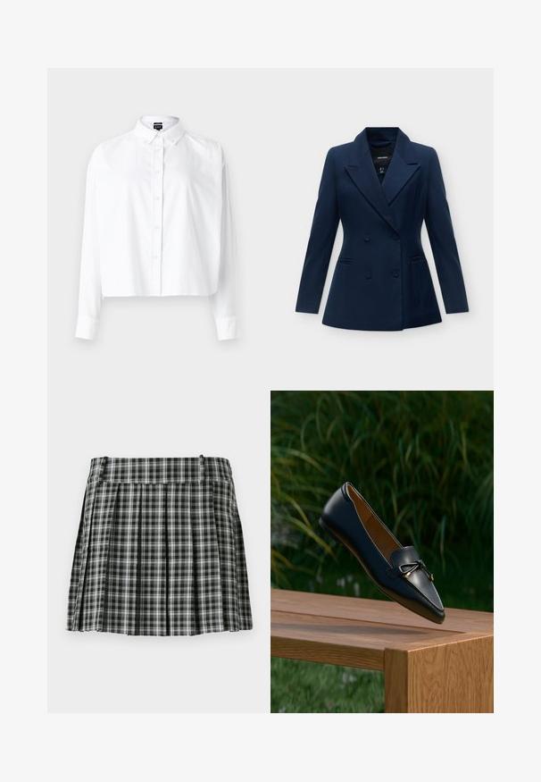 Blazer azul marino de doble botonadura con solapas anchas, dos bolsillos frontales y mangas largas.; Camisa blanca corta con botón, con un cuello clásico, mangas largas y una tela de algodón suave. Cuenta con cierre de botones en el frente y mangas ajustadas.; Falda plisada de cuadros en blanco y negro con una cintura suave y múltiples pliegues verticales. Fabricada en un tejido ligero.; Mocasín de cuero negro con un detalle de lazo flotando sobre un banco de madera, con hierba verde y plantas en el fondo.
