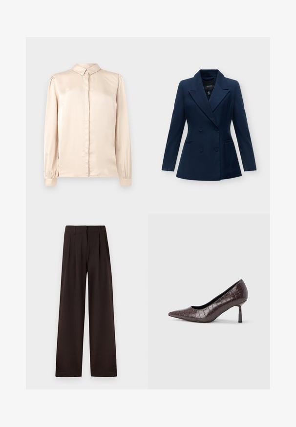 Blazer azul marino de doble botonadura con solapas anchas, dos bolsillos frontales y mangas largas.; Camisa de satén beige de manga larga con cuello abotonado, pliegue frontal y mangas abullonadas recogidas en los puños. Textura suave y brillante.; Pantalones marrón oscuro de pierna ancha con pliegues y trabillas para cinturón, con cremallera frontal y dobladillo limpio sobre un fondo liso.; Tacones puntiagudos de cuero sintético marrón con textura de cocodrilo, con un tacón delgado y angular y un forro interior suave.