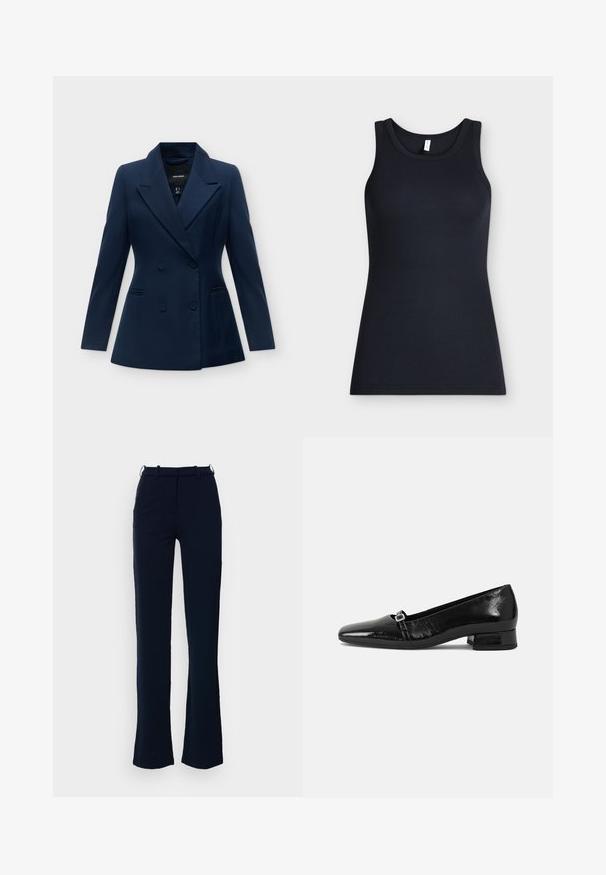 Blazer azul marino de doble botonadura con solapas anchas, dos bolsillos frontales y mangas largas.; Camiseta sin mangas negra acanalada con escote redondo, mostrada plana sobre un fondo claro.; Pantalones azul marino con un diseño de pierna recta, hechos de una tela suave, con lazos para cinturón y cierre de cremallera en la parte delantera.; Bailarinas de charol negro con punta afilada, tacón cuadrado bajo y un pequeño detalle de hebilla metálica en la correa. Textura suave.